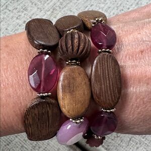 LOFT Wooden and Pink Beaded Bracelet Set